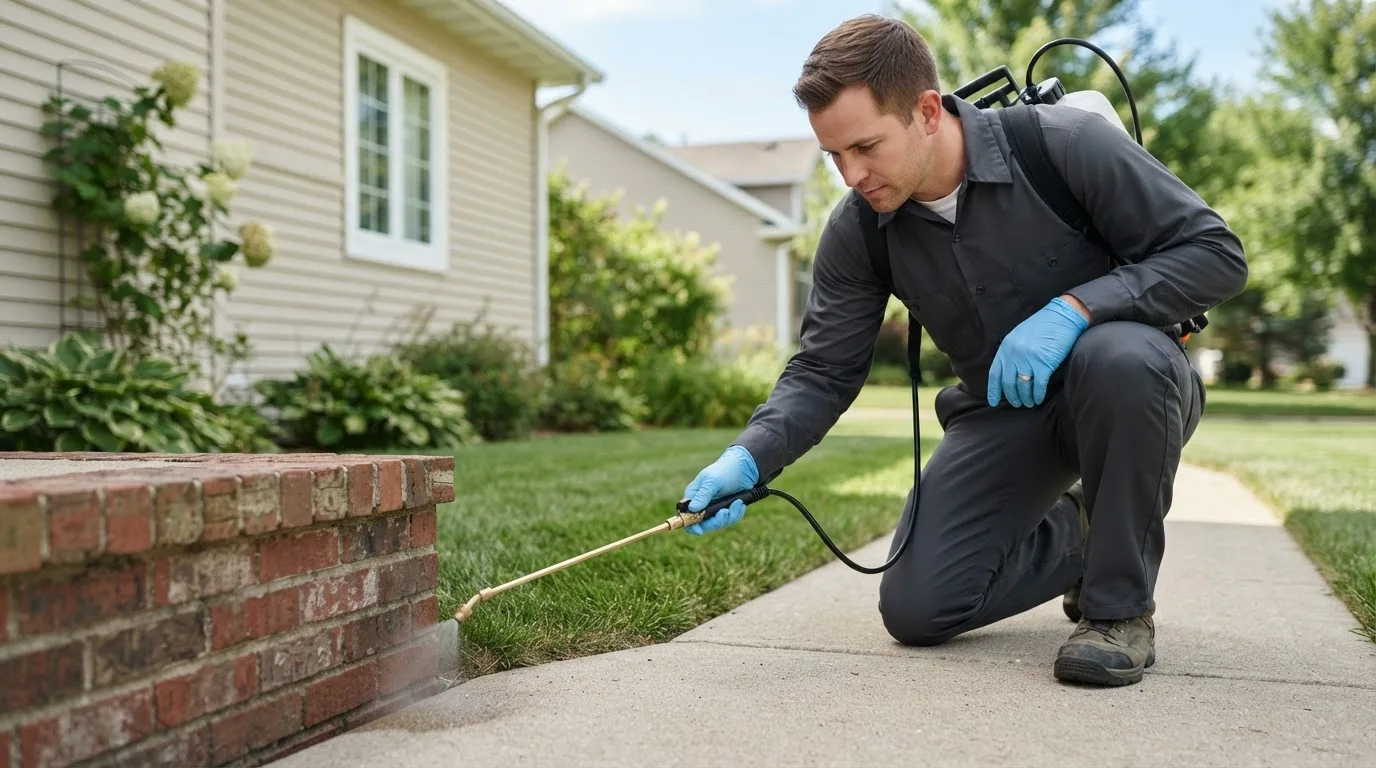 Pest control technician treating a home near Iredell, TX