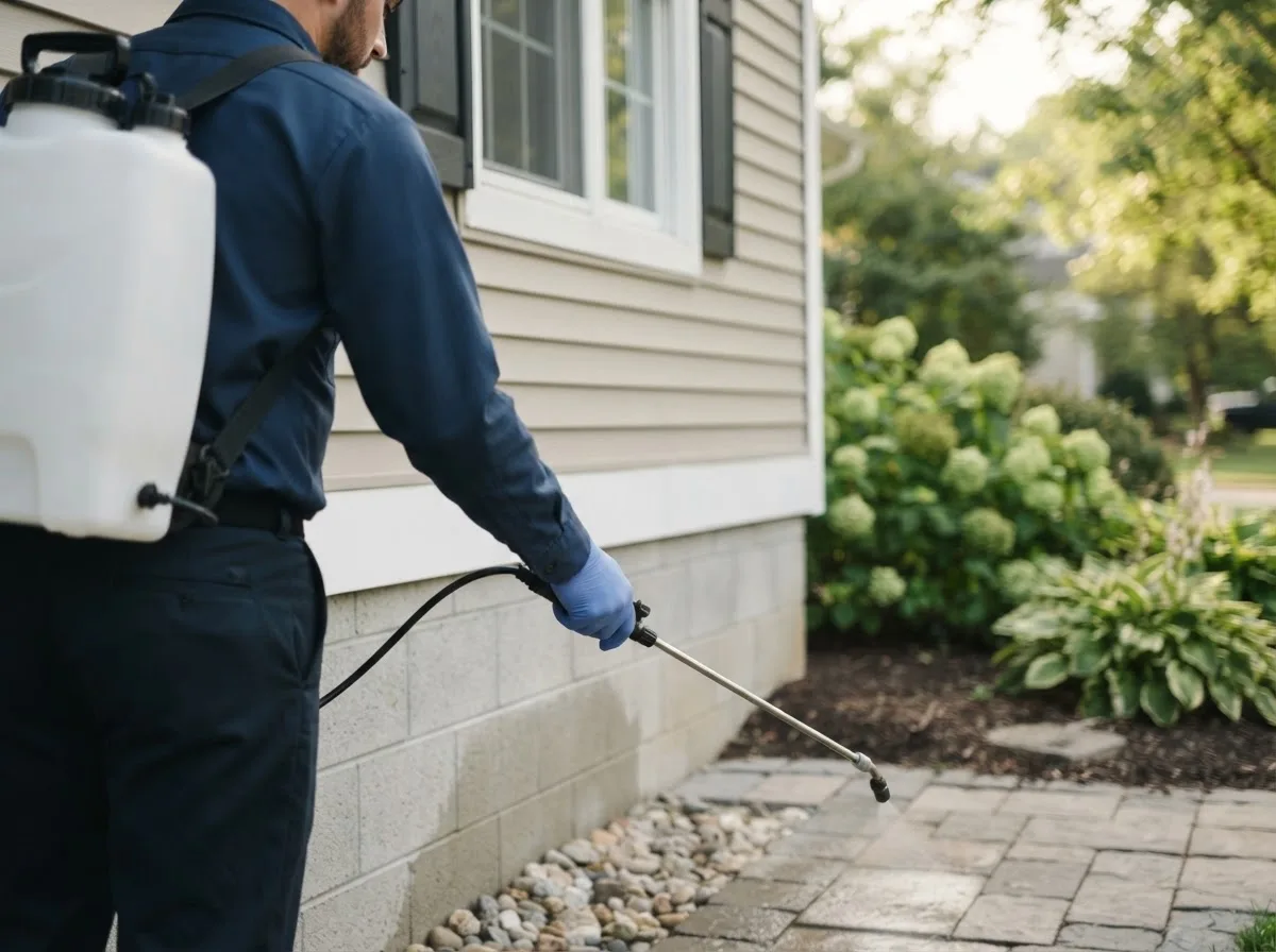 Pest control technician inspecting a home in Iredell, TX